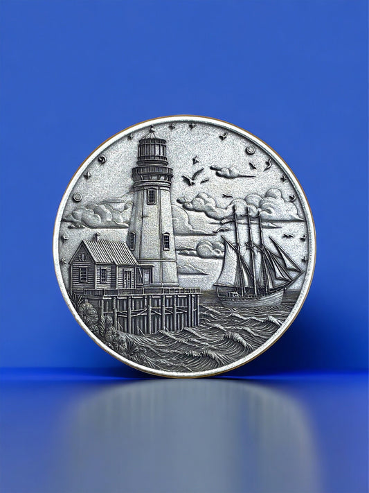Guiding Waves - Brass Coin with Lighthouse and Boat