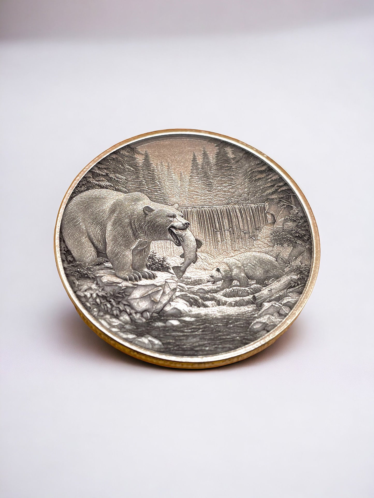 Riverside Serenity - Bears, Salmon, and Waterfall Brass Coin